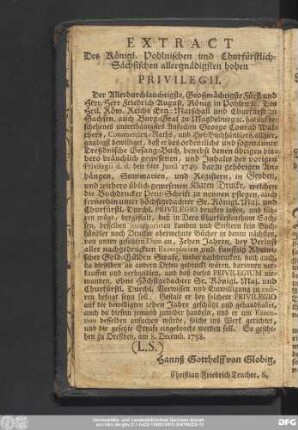 Extract Des Königl. Pohlnischen und Churfürstlich-Sächsischen allergnädigsten hohen Privilegii.
