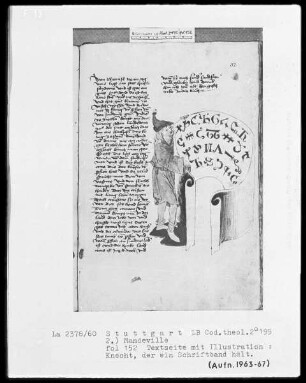 Jacob von Teramo, Belial und Johannes von Mandeville, Reise nach Jerusalem — Jean de Mandeville, Die Reise nach Jerusalem — Mann mit Schriftband, Folio 152recto