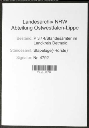 Sterberegister Standesamt Stapelage(-Hörste)