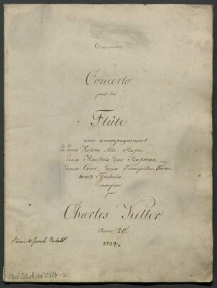 Concertos, iSol: fl, orch, op. 20, C-Dur - BSB Mus.Schott.Ha 2374-2 : [title page, fl] Deuxieme // Concerto // pour la // Flûte // avec accompagnement // de deux Violons, Alto, Basse, // deux Hautbois, deux Bassons, // deux Cors, deux Trombettes, Trom- // bono & Tÿmbales. // composé // par Charles Keller. // Oeuvre 20.