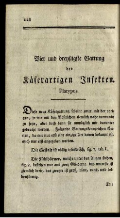 Vier und dreyßigste Gattung der Käferartigen Insekten. Platypus.