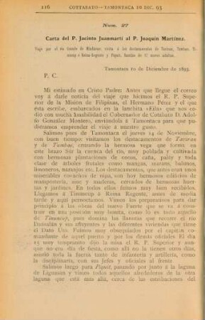 Núm. 27. Carta del P. Jacinto Juanmartí al P. Joaquín Martínez
