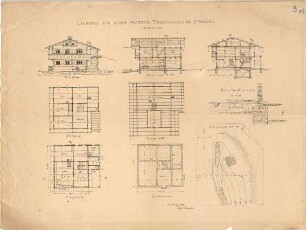 Thiersch, August ; Sterzing / Südtirol (Italien); Landhaus für Herrn Finsterwalder - Lageplan, Grundriss Grundmauern, Grundriss EG, Grundriss, Grundriss DG, Ansichten, Schnitte; Blockwand (Detail)