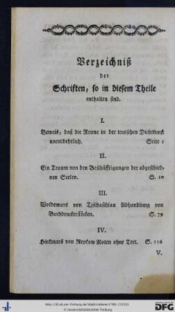 Verzeichniß der Schriften, so in diesem Theile enthalten sind.