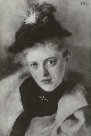 Damenporträt mit Federhut (Frau Apotheker Rieder, Rosenheim)
