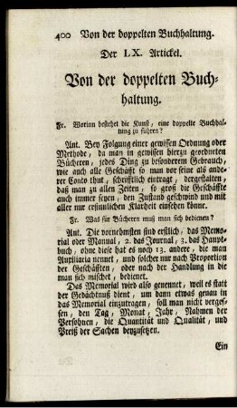 Der LX. Artickel. Von der doppelten Buchhaltung.