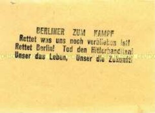 Hektografierter Handzettel mit dem Aufruf zum Widerstand gegen die Nazis im Kampf um Berlin
