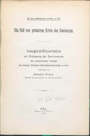Ein Fall von primärem Krebs des Duodenum