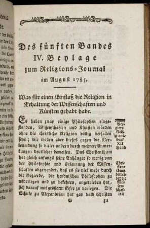 Des fünften Bandes IV. Beylage zum Religions-Journal im August 1785
