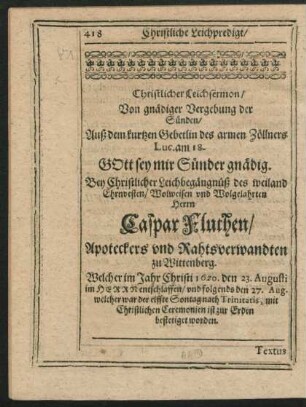 Christlicher Leichsermon ... Herrn Caspar Fluthen ...