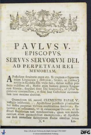Paulus V. Episcopus Servus Servorum Dei Ad Perpetuam Rei Memoriam.