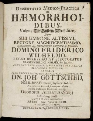 Dissertatio Medico-Practica De Hæmorrhoidibus, Vulgo; Die Güldene Ader dictis