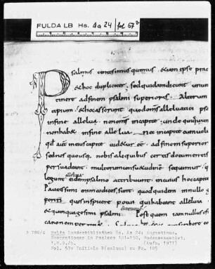 Augustinus, Enarrationes in Psalmos 101-150 — Initiale P (salmus), Folio 57 verso