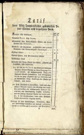 Tarif derer Pfalz-Zweybrückischen gestempelten Papier-Sorten nebst beigesetztem Preiß : [Zweybrücken den 12ten August 1779]