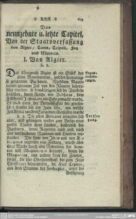 Das neunzehnte u. letzte Capitel, Von der Staatsverfassung von Algier, Tunis, Tripoli, Fetz und Marocco