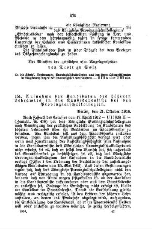 Aufnahme der Kandidaten des höheren Lehramtes in die Kandidatenliste bei den Provinzialschulkollegien : [B. Allgemeine Angelegenheiten der Unterrichtsanstalten]