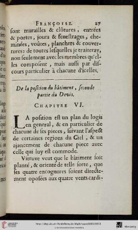 Chap. 6. : De la position du bâtiment, seconde partie du Devis