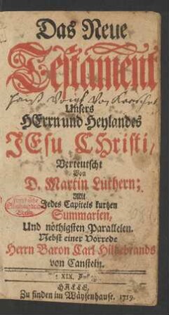 Das Neue Testament Unsers Herrn und Heylandes Jesu Christi