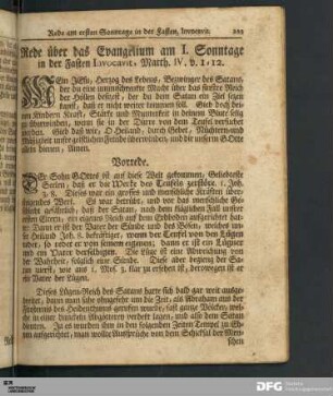 Rede über das Evangelium am I. Sonntage in der Fasten Invocavit