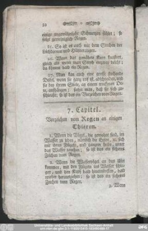 7. Capitel. Vorzeichen vom Regen an einigen Thieren.