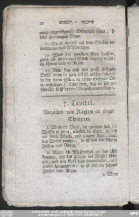 7. Capitel. Vorzeichen vom Regen an einigen Thieren.