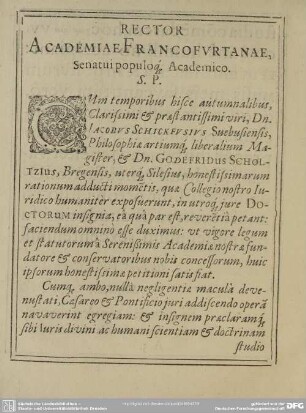 Rector Academiae Francofurtanae, Senatui populoque Academico. S. P.