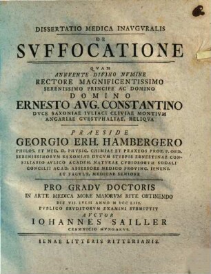 Dissertatio Medica Inauguralis De Svffocatione