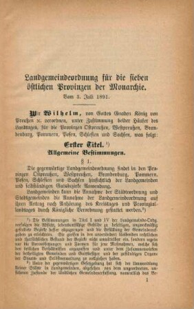 Landgemeindeordnung für die sieben östlichen Provinzen der Monarchie. Vom 3. Juli 1891.