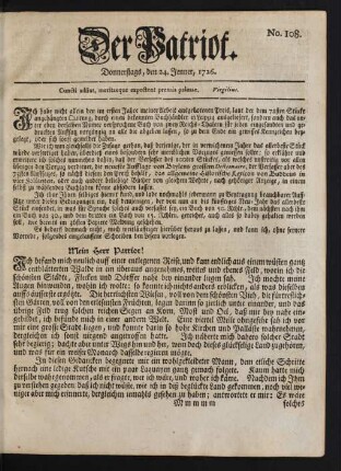 No. 108. Donnerstags, den 24. Jenner, 1726