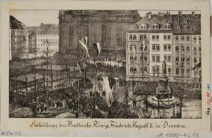 Die feierliche Einweihung 1866 des Denkmals für König Friedrich August II. von Sachsen (1797-1854) auf dem Neumarkt in Dresden, 1836-1854 von Ernst Rietschel
