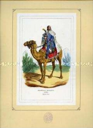 Uniformdarstellung, Reiter des Dromedar-Regiments auf Dromedar, Frankreich, 1798. Tafel 8 aus: Bellangé: Die Soldaten der französischen Republik und des Kaiserreichs.