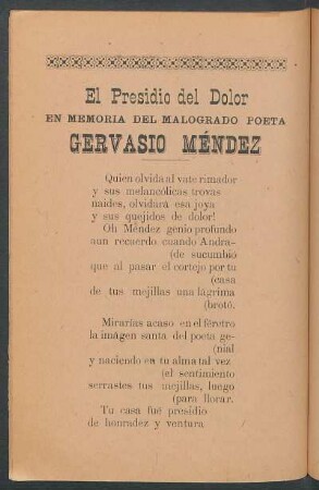 El presidio del dolor : En memoria del malogrado poeta Gervasio Méndez