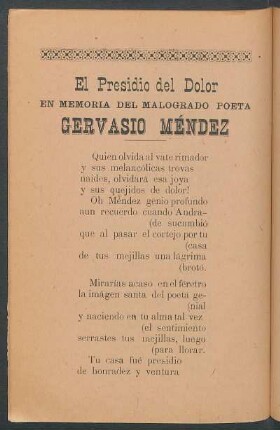 El presidio del dolor : En memoria del malogrado poeta Gervasio Méndez