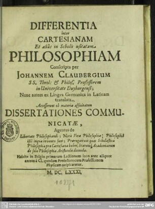 Differentia inter Cartesianam et alias in scholis usitatam philosophiam