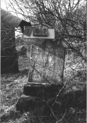 Grabstein 167 (Index: 99608852) Material: Sandstein Zustand: abgeblättert und verwittert mit Textverlust Maße HxBxT: 80x38x9 cm Beschreibung: Stele, getreppter Sockel, geschweifter Abschluß, Dreipaß: Grabstein 167