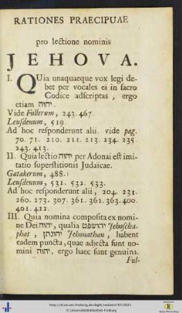 Rationes Praecipuae pro lectione nominis Jehova.