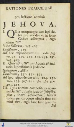 Rationes Praecipuae pro lectione nominis Jehova.