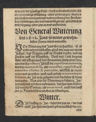 Von General Witterung des1612. Jars/ so in vier gewohnlichen Zeyten/ wirdt vermeldt.