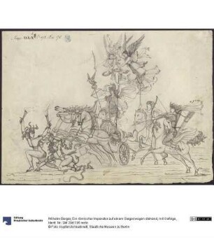 Ein römischer Imperator auf einem Siegeswagen stehend, mit Gefolge