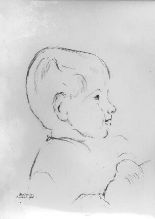 Kinderporträt im Profil : Kinderporträt im Profil. Kohlezeichnung (1970; E. Richter). Dresden-Striesen, Borsbergstraße 11, Atelier der Künstlerin