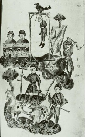 Illumination eines Lehrbuchs der Astronomie: Gestrafter, harkender Mann und Schweinehirt