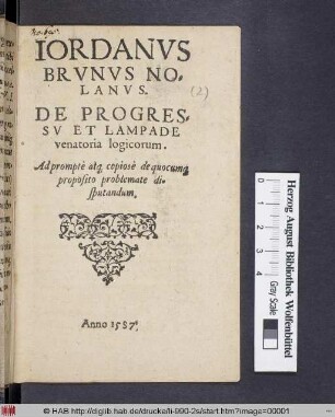 Ioardanvs Brvnvs Nolanvs De Progressv Et Lampade venatoria logicorum : Adpromptè atq[ue] copiosè de quocunq[ue] proposito problemate disputandum