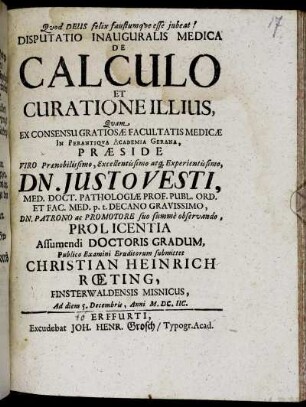 Disputatio Inauguralis Medica De Calculo Et Curatione Illius