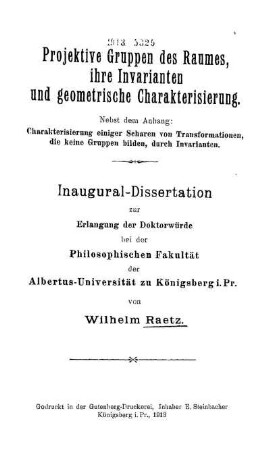 Projektive Gruppen des Raumes, ihre Invarianten und geometrische Charakterisierung