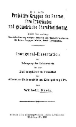Projektive Gruppen des Raumes, ihre Invarianten und geometrische Charakterisierung