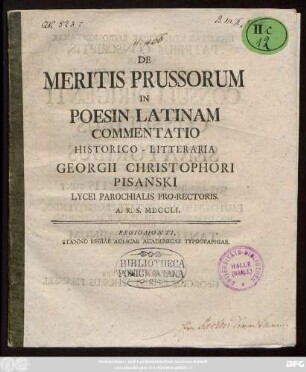 De Meritis Prussorum In Poesim Latinam Commentatio Historico-Litteraria