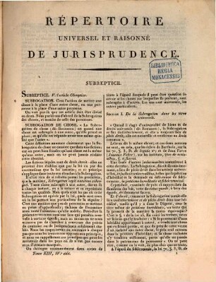 Répertoire universel et raisonné de jurisprudence, 13. Subr. - Test.
