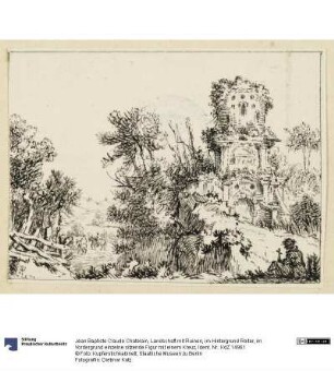 Landschaft mit Ruinen, im Hintergrund Reiter, im Vordergrund einzelne sitzende Figur mit einem Kreuz