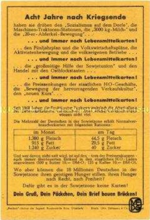Propaganda-Handzettel aus der Bundesrepublik zur Wirtschaftslage in der DDR im Layout einer Lebensmittelkarte