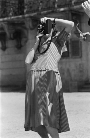 Dresden-Pillnitz. Schloß. Eine Frau fotografiert unterhalb vom Wasserpalais